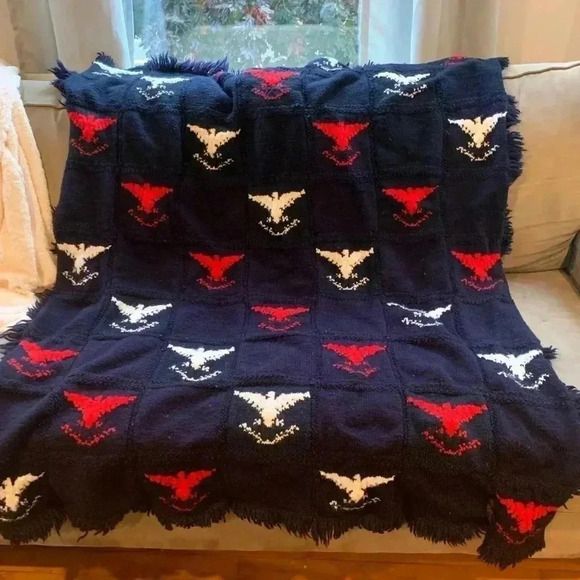 Vintage Wool Throw Blanket Mid-Century Handmade Early American Eagles Americana - Picture 1 of 6